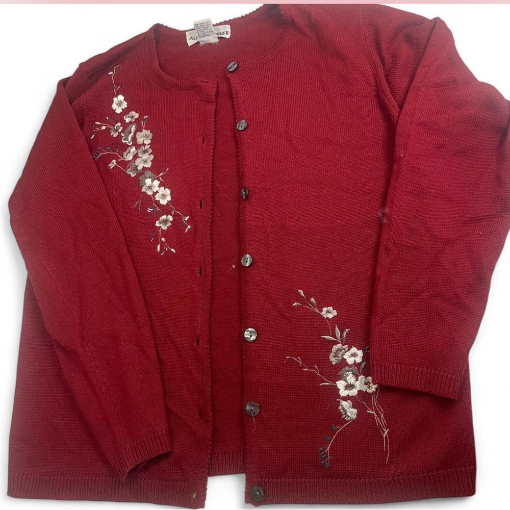 Alfred Dunner Red Cardigan with White Floral Embroidery